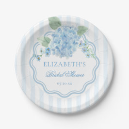 ヴィンテージ ブルー ハイドランジア フラワー エレガント ストライプ ウェーブ ペーパープレート