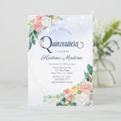 ヴィンテージ ブルー ピンク フラワー キンセアニエラ 誕生日 招待状 (スタンド正面)