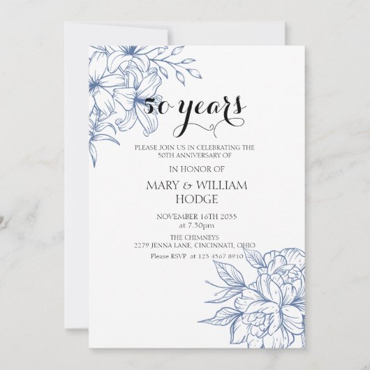 ヴィンテージ ブルー フラワーの50周年結婚記念日 招待状 (正面)