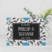 ヴィンテージ ブルー フラワーパターン セーブ・ザ・デート 招待状 (スタンド正面)