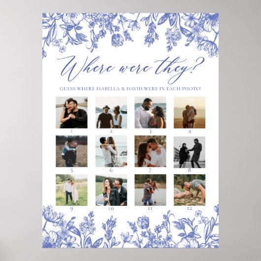 ヴィンテージ ブルー フラワール どこにいたの？ ブライダルシャワー ポスター (正面)