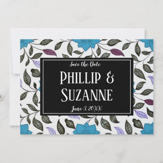 ヴィンテージ ブルー フローラル パターン セーブ・ザ・デート 招待状 (正面)