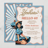 ヴィンテージ ブルー ブラック ウェスタンカウガール 40歳の誕生日 招待状 (正面/裏面)
