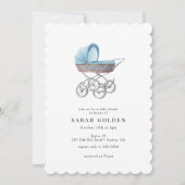 ヴィンテージ ブルー ベビーカー 男の子 ベビーシャワー 招待状 (正面)