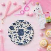 ヴィンテージ ブルー + ホワイト うずまき ボタニカル フラワープリント ペーパープレート (パーティー)