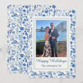 ヴィンテージ ブルー & ホワイト フラワーハoliday カード (正面/裏面)