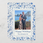 ヴィンテージ ブルー&ホワイト フラワー ホリデー カード (正面/裏面)