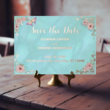 ヴィンテージ ブルー ポエニーの箔押し Save The Date カード