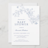 ヴィンテージ ブルー ライン描き フラワーベビーシャワー 招待状 (正面)