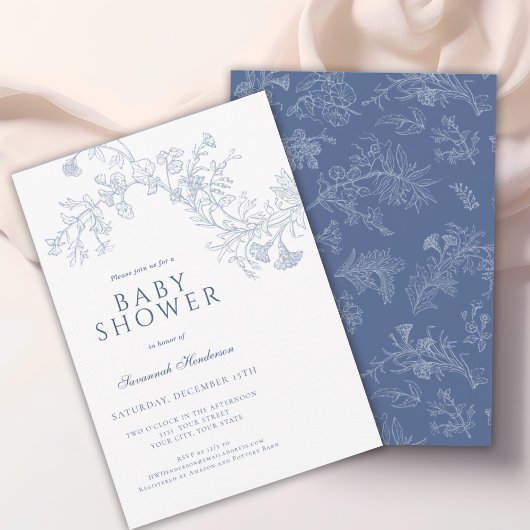 ヴィンテージ ブルー ライン描き フラワーベビーシャワー 招待状