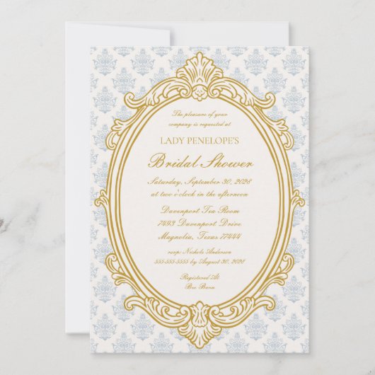 ヴィンテージ ブルー リージェンシー カメオ ブライダルシャワー 招待状 (正面)