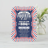 ヴィンテージ ブルー レッド ストライプ 4th of July パーティー 招待状 (スタンド正面)