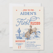 ヴィンテージ ブルー レッド ブロンコ ファースト ロデオ 1歳 誕生日 招待状 (正面)
