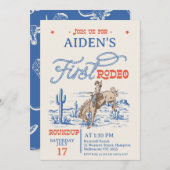 ヴィンテージ ブルー レッド ブロンコ ファースト ロデオ 1歳 誕生日 招待状 (正面/裏面)