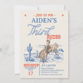 ヴィンテージ ブルー レッド ブロンコ 3rd ロデオ 3歳の誕生日 招待状 (正面)