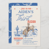ヴィンテージ ブルー レッド ブロンコ 3rd ロデオ 3歳の誕生日 招待状 (正面/裏面)