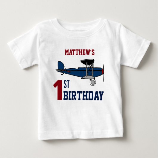 ヴィンテージ ブルー レトロ飛行機 1歳誕生日パーティー ベビーTシャツ (正面)