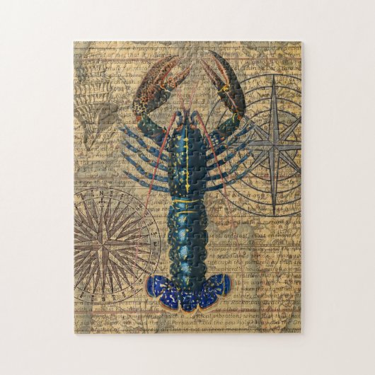 ヴィンテージ ブルー ロブスター マップ コラージュ: nautical coastal ジグソーパズル (縦)