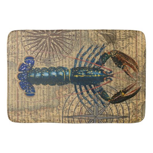 ヴィンテージ ブルー ロブスター マップ コラージュ: nautical coastal バスマット (正面)