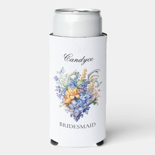 ヴィンテージ ブルー ワイルドフラワーズ ブライズメイド プロポーズ ギフト スリム缶クーラー (Seltzer正面)