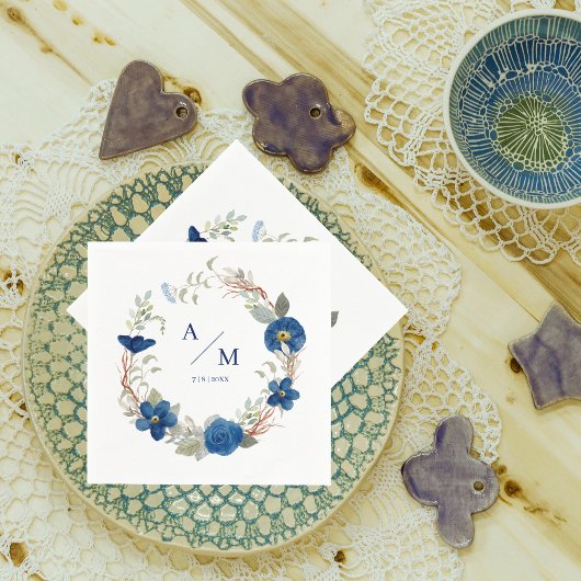 ヴィンテージ ブルー 水彩 花 結婚式 スタンダードカクテルナプキン