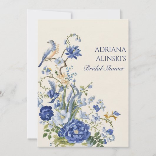 ヴィンテージ ブルー 花と鳥 招待状 (正面)