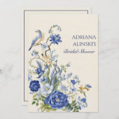 ヴィンテージ ブルー 花と鳥 招待状 (正面/裏面)
