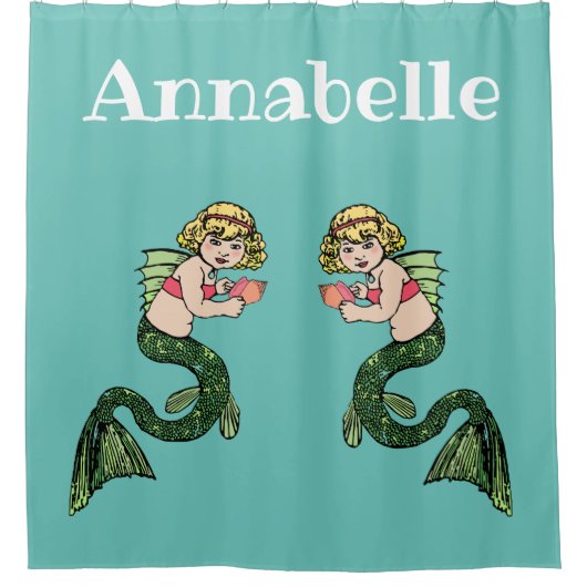 ヴィンテージ·ブロンド·メルメイドとピンクの殻 シャワーカーテン (正面)
