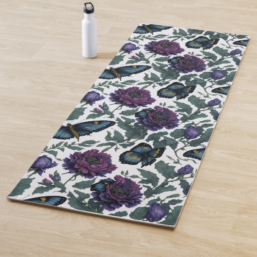 ヴィンテージ プラム パープル マゼンタ 花と蝶のデザイン ヨガマット (インサイチュ)