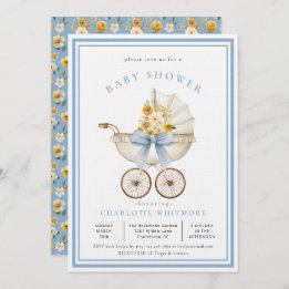 ヴィンテージ プラム ベビーシャワー 空の青とゴールドの花 招待状