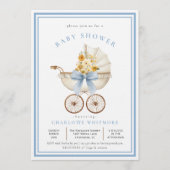 ヴィンテージ プラム ベビーシャワー 空の青とゴールドの花 招待状 (正面)
