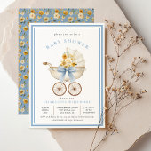 ヴィンテージ プラム ベビーシャワー 空の青とゴールドの花 招待状