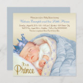 ヴィンテージ プリンス ベイビーブルー ゴールド ベビーシャワー 招待状 (正面/裏面)