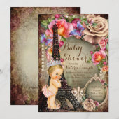 ヴィンテージ プリンセス エッフェル塔 パリ ベビーシャワー 招待状 (正面/裏面)