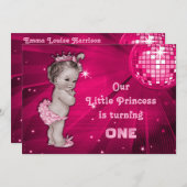 ヴィンテージ プリンセス ピンク ディスコボール 1歳の誕生日 招待状 (正面/裏面)