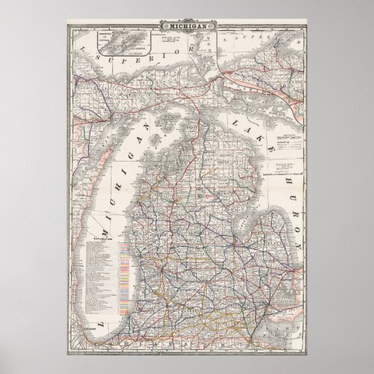 ヴィンテージ プレミアム ミシガン地域地図 1892年 ポスター (正面)