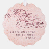 ヴィンテージ ベイビーのファーストクリスマス フォト エレガント ピンク オーナメントカード (裏面)