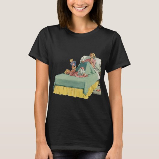 ヴィンテージ ベッドで朝食をとる家族 Tシャツ (正面)