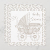ヴィンテージ ベビーカー 赤ちゃんシャワー 招待状 セピア/ホワイト (正面/裏面)