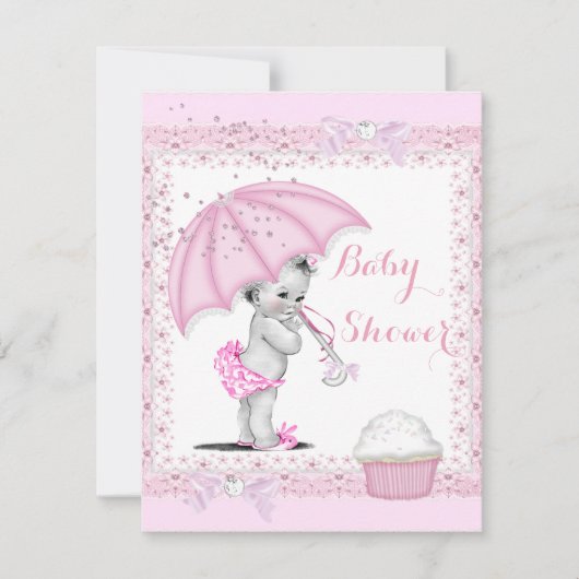 ヴィンテージ ベビーシャワー ガール ピンクの傘 チューリップ デコレーション 招待状 (正面)