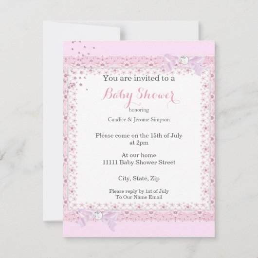 ヴィンテージ ベビーシャワー ガール ピンクの傘 チューリップ デコレーション 招待状 (裏面)