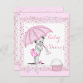 ヴィンテージ ベビーシャワー ガール ピンクの傘 チューリップ デコレーション 招待状 (正面/裏面)