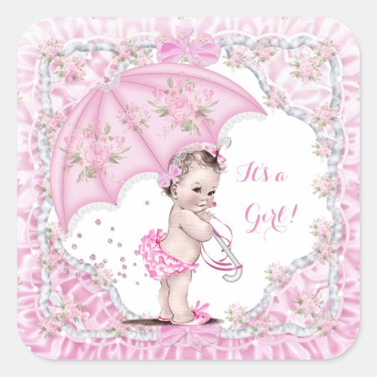 ヴィンテージ ベビーシャワー 女の子 花 桃色 傘 スクエアシール (正面)