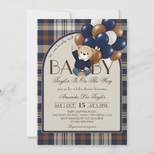 ヴィンテージ ベビーシャワー Bearly Wait 招待状 (正面)