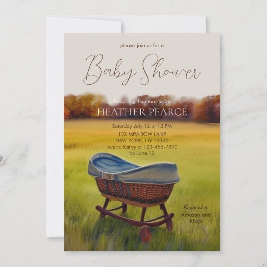 ヴィンテージ ベビーベッド 水彩 秋のファーム ベイビーシャワー 招待状 (正面)