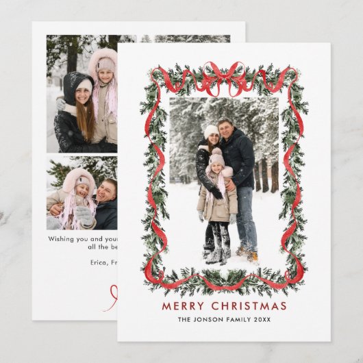 ヴィンテージ ベルベット グリーン ストリップ レッド リボン 5 フォト シーズンカード (正面/裏面)