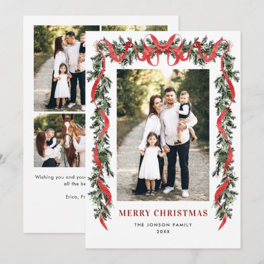 ヴィンテージ ベルベット グリーン ストリップ レッド リボン 5 フォト シーズンカード (正面/裏面)