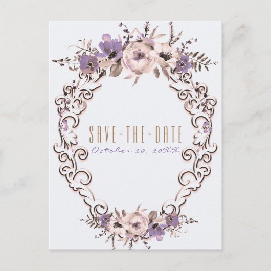 ヴィンテージ ベージュ ボタニカル チック フローラル セーブ・ザ・デート 案内ポストカード (正面)