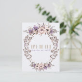 ヴィンテージ ベージュ ボタニカル チック フローラル セーブ・ザ・デート 案内ポストカード (スタンド正面)