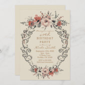 ヴィンテージ ベージュ ボタニカル フラワー バースデーパーティー 招待状 (正面/裏面)